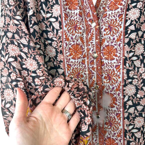 1.State NWOT Brown Floral Print Button Down Collar Long Sleeve Flutter Dress - Picture 4 of 6